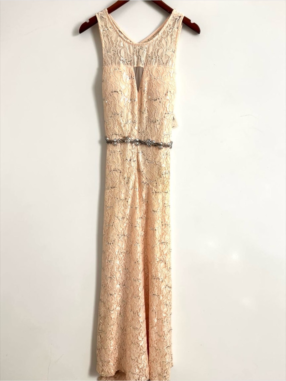 NWT My Michelle Late 2000s Y2K Blush Pink Lace Beaded Sequin Prom Dress M